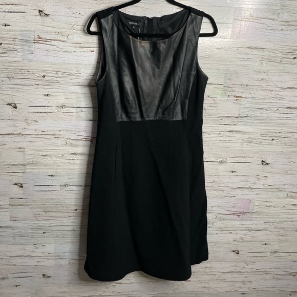 Lafayette 148 black dress midi size 8 virgin wool leather - Picture 1 of 10